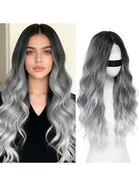 26" Ombre Grey Curly Lace Front Wig - Natural Look, Lightweight, Heat-Resistant